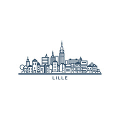 Lille cityscape skyline city panorama vector flat modern logo icon. France, French Flanders town emblem idea with landmarks and building silhouettes. Isolated thin line graphic 