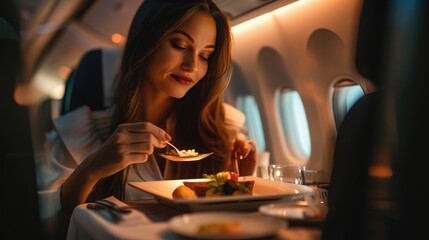 Beautiful woman in the cabin of a business class airplane having her meal