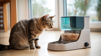 smart cat feeder Scottish cat is waiting for food. pet feeder.