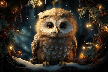 A small owl perches on a tree branch in the dark woods