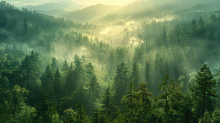 A panoramic view of the dense forest, bathed in soft morning light filtering through misty clouds. Created with Ai - obrazy, fototapety, plakaty