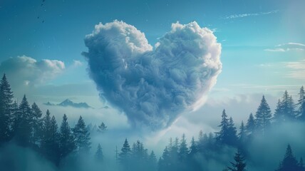 Heart-shaped cloud above a forest landscape - An enchanting image of a heart-shaped cloud hovering above a tranquil, misty forest landscape - obrazy, fototapety, plakaty