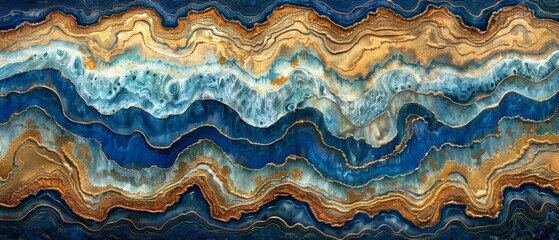  A golden-blue painting with white and blue wave patterns on a golden-blue canvas, framed in black