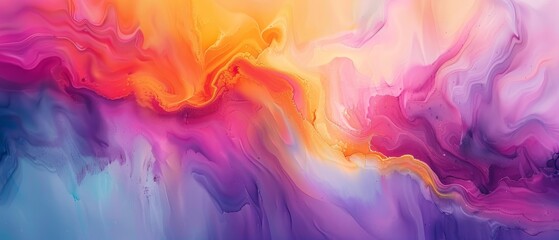   Close-up of abstract painting with blue, yellow, pink, and orange colors
