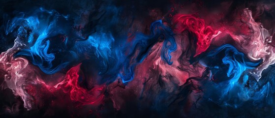   An abstract canvas featuring intertwining shades of blue, red, and pink against a dark backdrop, providing ample space for added text - obrazy, fototapety, plakaty