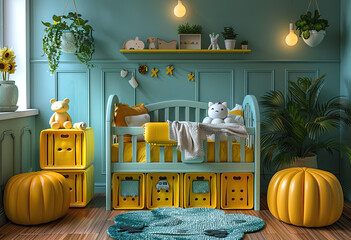 A cute baby's room with yellow crates, green walls and a blue bed in the center of the picture. There is a teddy bear on top of a baby crib, a big light bulb hanging from the ceiling. Created with Ai - Powered by Adobe