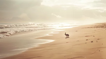 Foto op Plexiglas a rabbit jogging on a sandy beach, the sound of waves crashing  © SKYNET