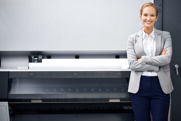Printing machine, woman and portrait with paper in printer factory, warehouse and manufacturing...