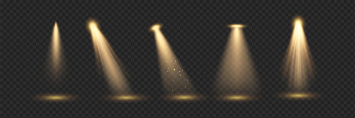 Illumination backlight effects 3d realistic vector illustration set. Glowing stage lanterns design. Lamps light on transparent background - obrazy, fototapety, plakaty