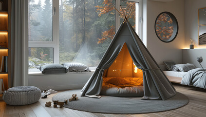 A gray tent sits in the center of a modern children's room, with a soft blanket on top and cozy pillows inside. Created with Ai