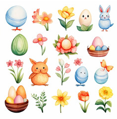 Hand drawn Happy Easter watercolor symbol set, sketch colorful illustration isolated on white backdrop, gentle simple rabbit, festive egg, flower decorative sign hare for design postcard pattern