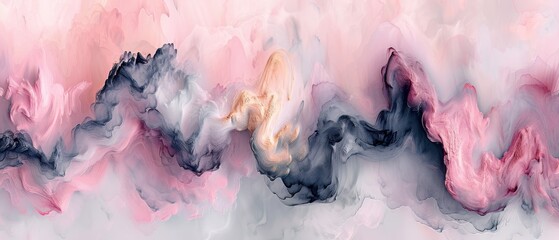  A striking abstract painting in pink, black, and white on a white canvas with a black and golden design