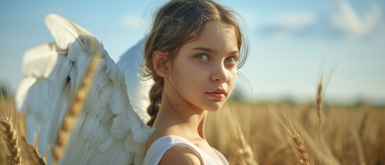   A stunning young woman poses against a serene wheat field, her back adorned with ethereal wings, and a captivating blue sky serves as the backdrop - obrazy, fototapety, plakaty
