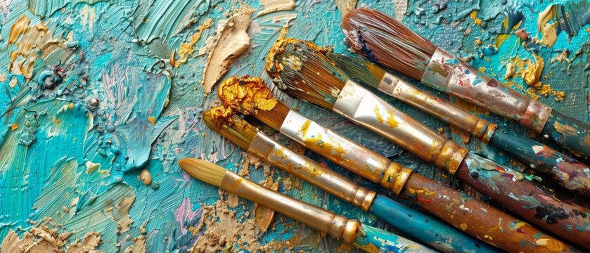   A table with blue, yellow, and brown paint covers sits above a group of paintbrushes