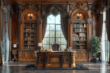 A large wooden desk with bookshelves and shelves behind it, interior design photography. Created with Ai - Powered by Adobe