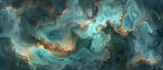   An abstract painting with blue, green, and golden hues against a black backdrop featuring a white center in its central point