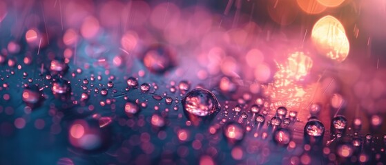   Close-up of water droplets on a surface with hazy background lighting and a hazy bokeh of distant illumination - obrazy, fototapety, plakaty