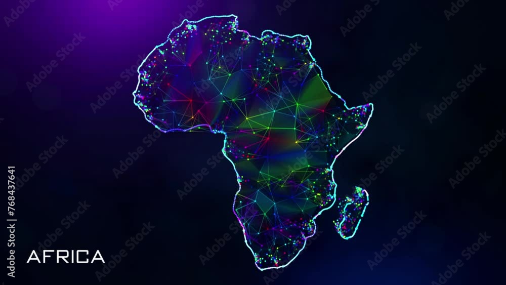 Poster futuristic motion reveal africa continent map polygonal blue purple colorful connected lines and dot