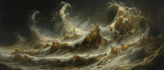   A painting depicts a giant ocean wave enveloping a boat amidst a vast water body