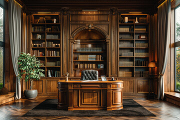 luxury wooden office with bookshelves and desk, classical interior design style. Created with Ai - obrazy, fototapety, plakaty