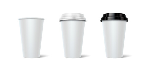 Disposal cups with copy space 3d realistic vector illustration set. Hot drinks mugs design template. Take away service on white background