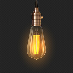Glowing vintage lightbulb 3d realistic vector illustration. Turn on incandescent lamp design. Electric lantern on transparent background