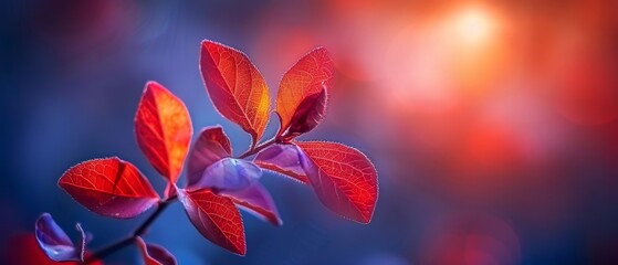   A clear close-up of a crimson foliage on a twig against a hazy backdrop of reddish and purplish leaves in the distance - obrazy, fototapety, plakaty