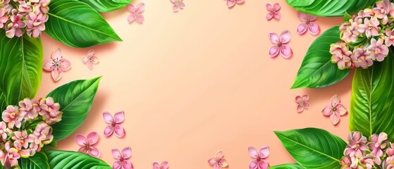  A pink background featuring green leaves and pink flowers, perfect for displaying text or images