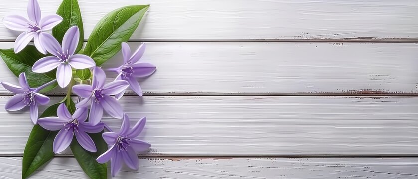   A bouquet of purple flowers rests on a white wooden table beside a green plant