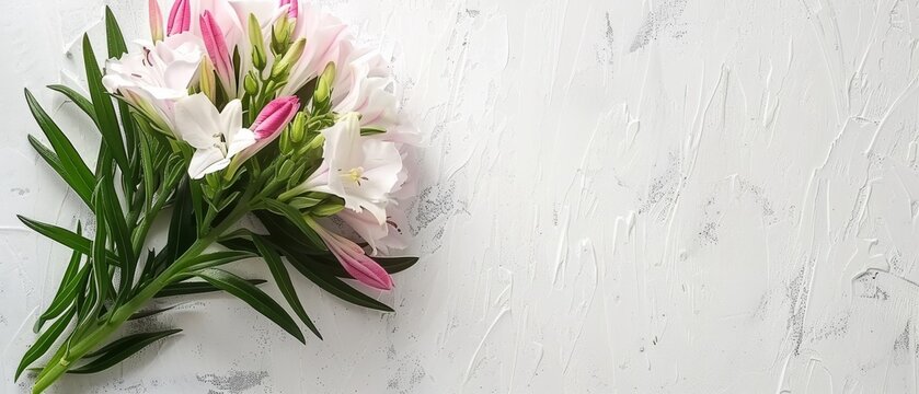   A white background features a bouquet of pink and white flowers, accompanied by a splash of paint on the wall in the background
