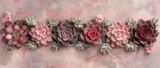   A row of succulents is arranged against a pink and pink background with green foliage