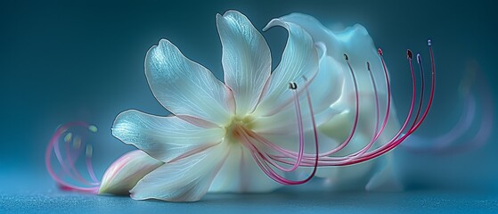   White flower with pink stamens on blue background with pink ribbon between petals