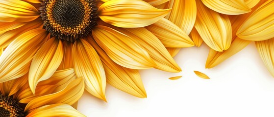   A cluster of sunflowers against a white backdrop with space to insert either text or an image centrally