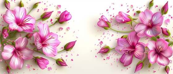   A close-up of pink flowers on a white background, adorned with pink confetti at the base of the photo