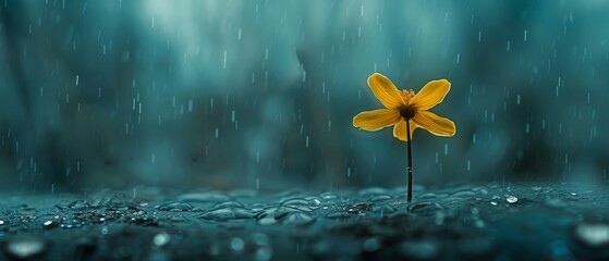   A lone yellow blossom surrounded by a watery pool with adjacent droplets on the ground