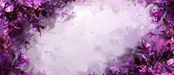   A painting of purple flowers on a white and purple background with space for text or a name on the bottom right