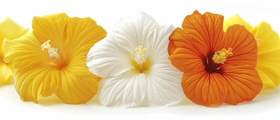   A white and orange flower arrangement featuring a group of flowers positioned in its center on a white background