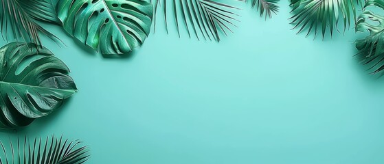  Green leaves on a blue background with text centered in the middle