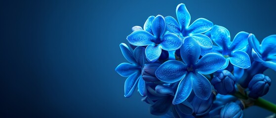   Close-up of a blue flower on a dark blue background, with a blurred background extending to the center of the image