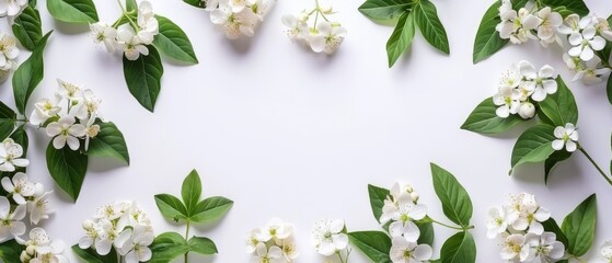   White flowers and green leaves on white background, central text space