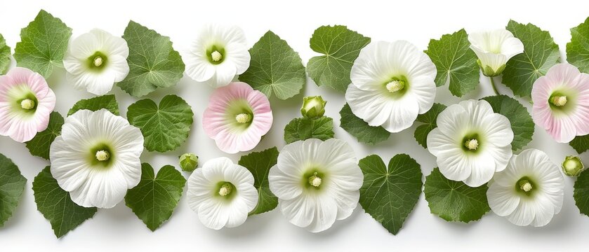   A group of white and pink flowers with green leaves on a white background provides an ideal backdrop for text or images