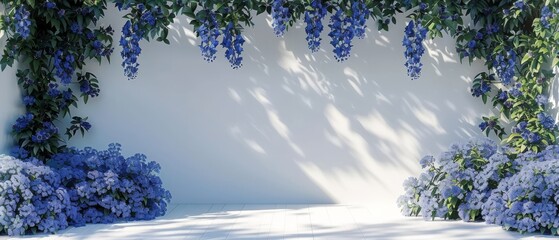   A wall adorned with purple blooms adjacent to a white wall featuring a tree's shade on its side