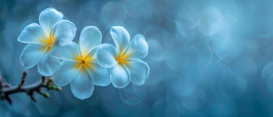   Three white flowers with yellow centers on a blue-yellow background