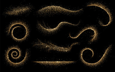 Shiny golden glitter patterns realistic vector illustration set. Brilliant fairy dust trails 3d elements on black background collection