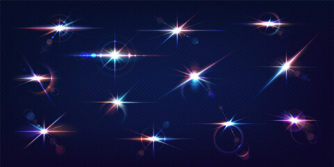 Color light flashes realistic vector illustration set. Glowing sparks in deep space 3d elements on transparent background. Sci-fi template © ApoevArt