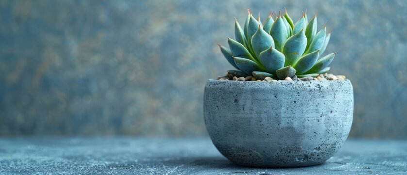   A succulent rests in a concrete pot atop a blue tablecloth, against a blue backdrop