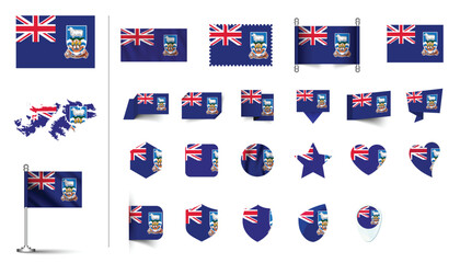 set of Falkland Islands flag, flat Icon set vector illustration. collection of national symbols on various objects and state signs. flag button, waving, 3d rendering symbols