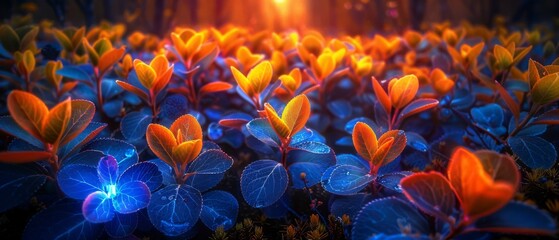  A field brimming with blue and orange blossoms bathed in sunlight filtering from the treetops beyond