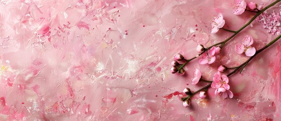   A pink flower painting on a pink backdrop with a splash of paint in the lower half