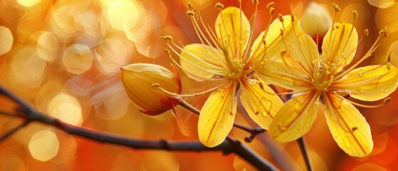   Close-up of yellow flower on tree branch with blurred leaves in background